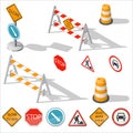 Road barriers and signs isometric detailed icon set