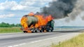 The road becomes a scene of devastation, as a tanker truck goes up in flames. Royalty Free Stock Photo