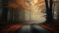 Road and big trees in fog mystical foggy autumnal day