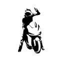 Road bike racing. Biker celebrating victory, isolated vector silhouette, ink drawing. Motorbike sport logo