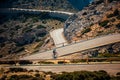 Road bikers on the road on Balearic Islands. Sea in Background. Cap de Formentor. Mallorca, Majorca, Spain Royalty Free Stock Photo