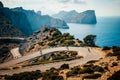 Road bikers on the road on Balearic Islands. Sea in Background. Cap de Formentor. Mallorca, Majorca, Spain Royalty Free Stock Photo