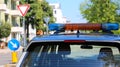 Road Block with police car and the Stop sign Royalty Free Stock Photo