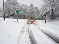 Road blocked due to heavy snowfall. Impassable road covered in snow in the German town of Heiligenhaus.