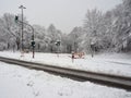 Road blocked due to heavy snowfall. Impassable road covered in snow in the German town of Heiligenhaus.