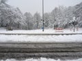 Road blocked due to heavy snowfall. Impassable road covered in snow in the German town of Heiligenhaus.