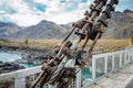 Road bridge over the river in the mountains, metal structure close-up. Location Gorny Altai, Siberia, Russia Royalty Free Stock Photo