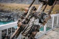 Road bridge over the river in the mountains, metal structure close-up. Location Gorny Altai, Siberia, Russia Royalty Free Stock Photo