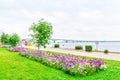 Road bridge over the Volga river between Saratov and Engels, Russia. Cloudy summer day. City quay Royalty Free Stock Photo