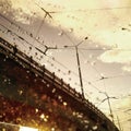 Road bridge and wires in golden sunset rays under rain