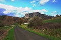 Road and Bugarach peak in the Corbieres, France