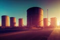 a road with a bunch of large tanks on it\'s sides and a sky background with a few clouds