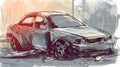 Car accident, broken damaged body metal. Life insurance, technology. AI generated.