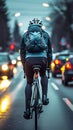 Road carriageway, cyclist shares space with moving cars, riding