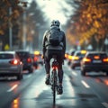 Road carriageway, cyclist shares space with moving cars, riding