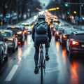 Road carriageway, cyclist shares space with moving cars, riding