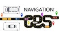 Road, cars, navigator mark. The highway is stylized under the inscription GPS-navigator. Isolated Illustration