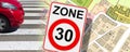 From road for cars to road for people - concept with zone 30 road sign Royalty Free Stock Photo