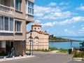 Road, church and coastline in Sozopol city Royalty Free Stock Photo