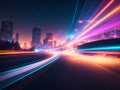 Road in City with Skyscrapers and Car Traffic Light Trails. -Generative Ai