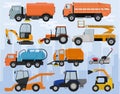 Road cleaning machine vector vehicle truck sweeper cleaner wash city streets illustration set of excavator bulldozer