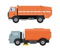 Road cleaning machine vector vehicle truck sweeper cleaner wash city streets illustration, vehicle van car excavator