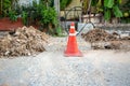 The road is closed. Repair. Overhaul of city road and tram line. Road plumbing work. Traffic cones on road to divert traffic in d