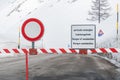Road closed signpost avalanche danger sign mountain snow Royalty Free Stock Photo