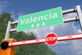 Road closure near Valencia, Spain road sign. Coronavirus or some other disease quarantine related 3D rendering