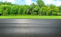 Asphalt straight street roadway of lanes with lines and green trees with blue sky in background.