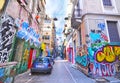 Road with colorful graffiti at Psirri neighborhood Monastiraki Athens Greece