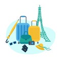 Road composition of suitcases on the background of the Eiffel tower