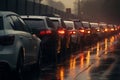 Road congestion, car traffic jam, bad weather and rain