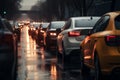 Road congestion, car traffic jam, bad weather and rain