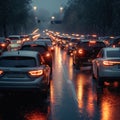 Road congestion, car traffic jam, bad weather and rain