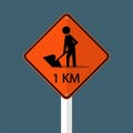 symbol road construction ahead 1km.Sign isolated on grey sky background.Vector illustration Royalty Free Stock Photo