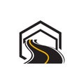 Road maintenance creative sign concept. Paving logo design template. Construction vector icon idea with highway in negative space