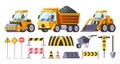 Road Construction Equipment. Bulldozer, Wheelbarrow And Tip Truck For Earth Moving, Roller For Compaction, Jackhammer Royalty Free Stock Photo