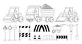 Road Construction Equipment Isolated Outline Vector Icon Set. Bulldozer, Wheelbarrow And Tip Truck Monochrome Collection Royalty Free Stock Photo