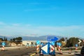 Road construction in Greece with an Exit sign in Greek and English and lots of road direction signs under an overpass and Royalty Free Stock Photo