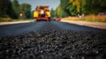 Road construction, Layer of new hot asphalt laid by paver. Generative AI
