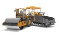 Road construction machinery orange asphalt spreader machine and road roller 3D rendering on white background with shadow Royalty Free Stock Photo