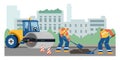 Road construction and paving in city vector illustration, workers repair the asphalt road using hand tools, road roller Royalty Free Stock Photo