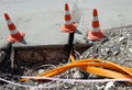 Road construction with pipes for laying optical fiber Royalty Free Stock Photo