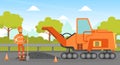 Road Construction and Repair, Construction Worker and Heavy Construction Machine, Builder Character in Overalls and