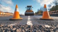 Road Construction With Roller And Traffic Cones Royalty Free Stock Photo