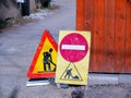 Road construction street signs close up shot Royalty Free Stock Photo