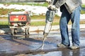 Road construction worker with perforator Royalty Free Stock Photo