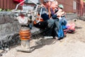 Road construction workers at lunch break.