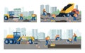 Road construction workers paving asphalt using machinery, roller, excavator, loader repair road surfaces vector set